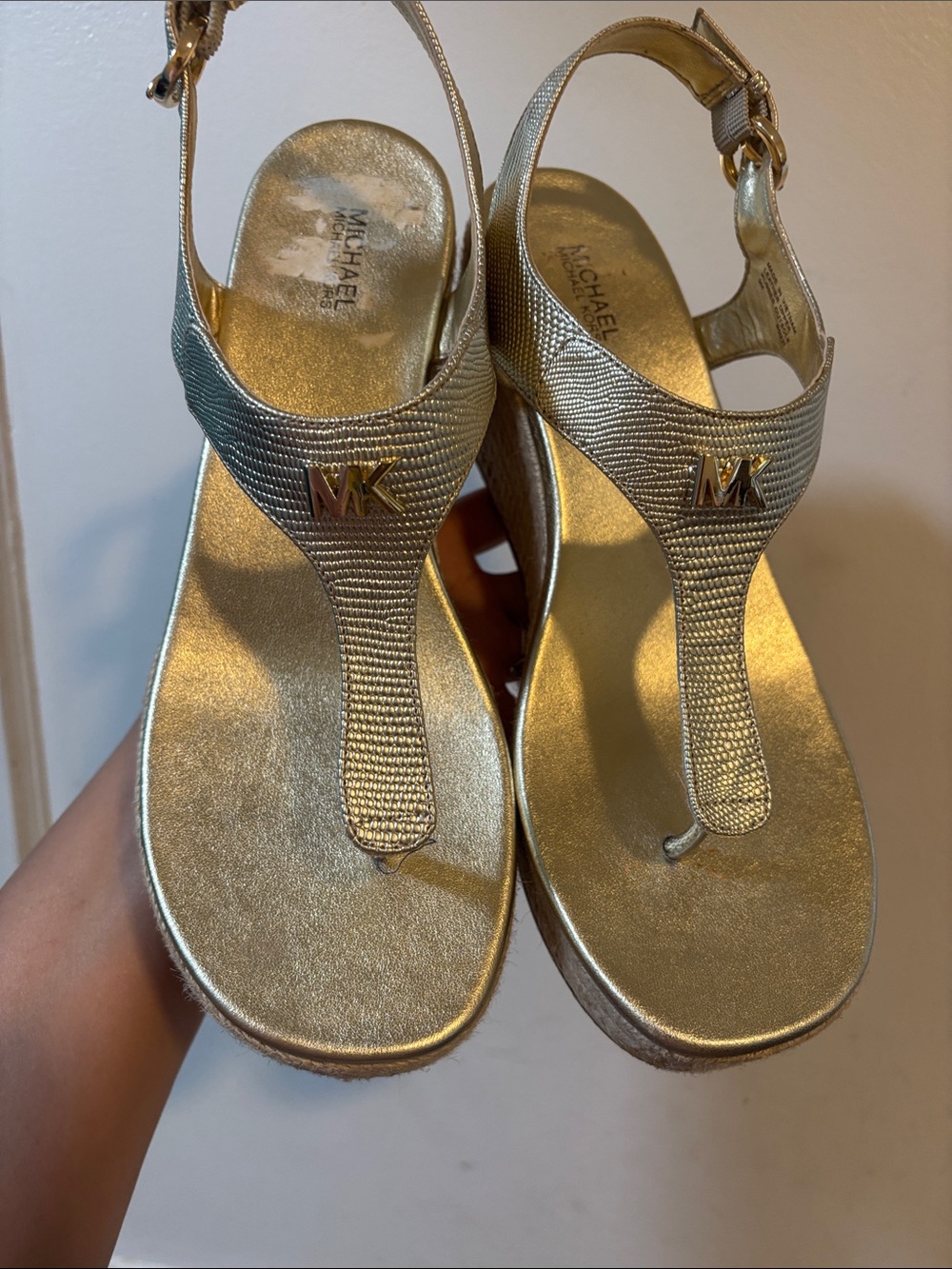 Michael Kors Gold Metallic Wedge Thong Sandals